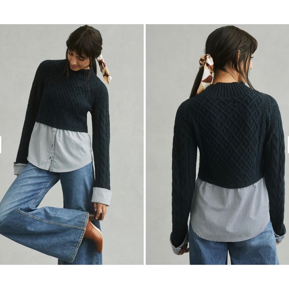 Maeve Hybrid Mixed Media Cable Knit Layered Sweater